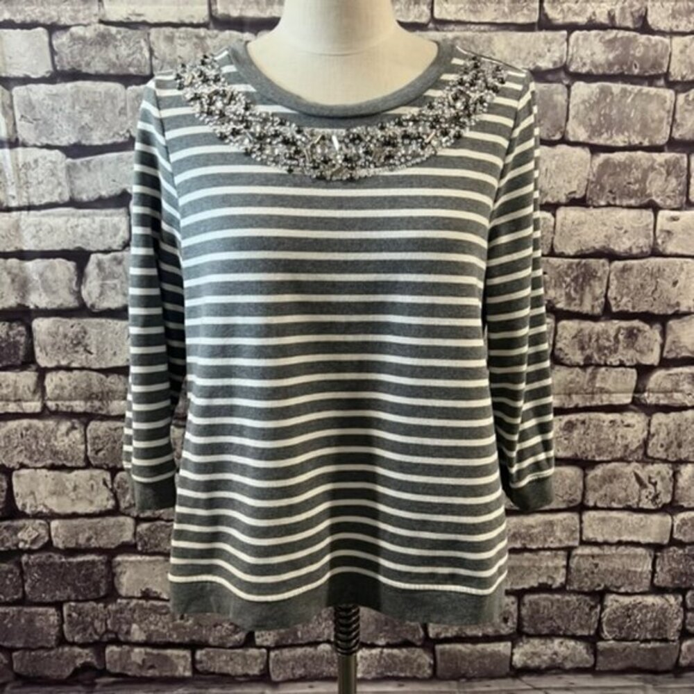 Chico's Gray & White Striped 3/4 Sleeve Sweater Size Large